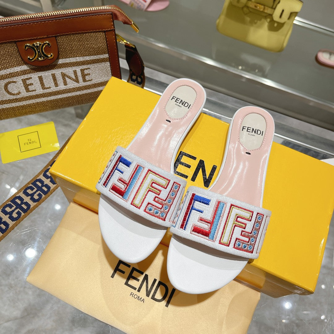 FENDI FF Multicolor Logo Slide Pink White Leather