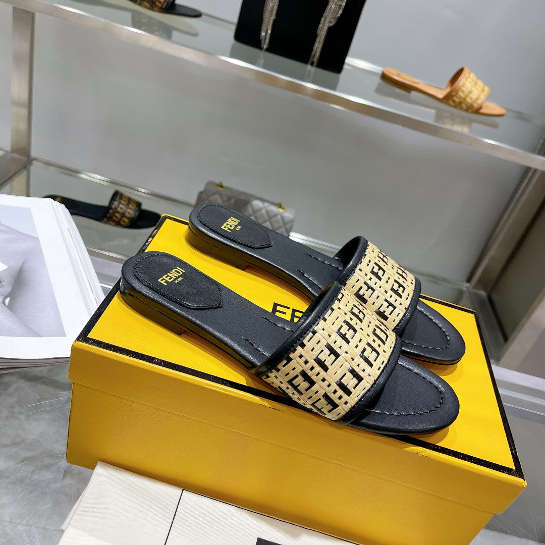 FENDI FF Women Raffia Sandal Black Beige
