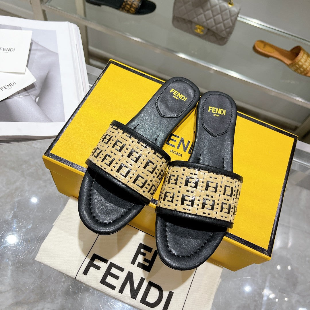 FENDI FF Women Raffia Sandal Black Beige