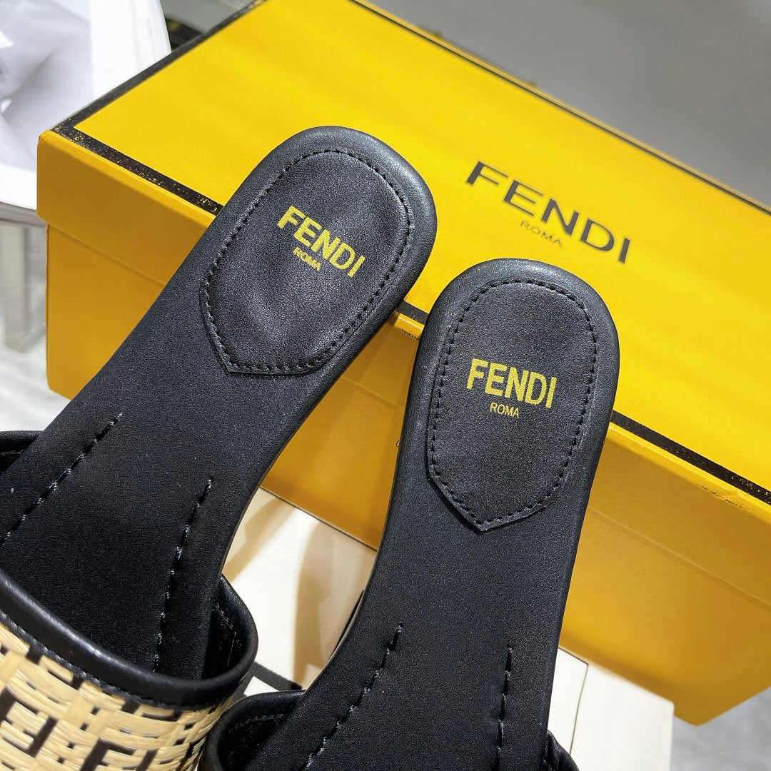 FENDI FF Women Raffia Sandal Black Beige