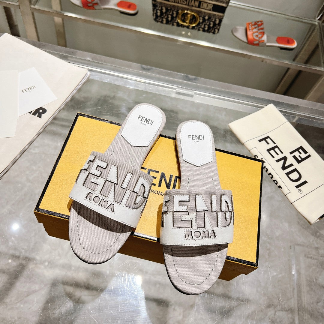 FENDI FF Women Roma Signature White Grey Canvas Leather Slide