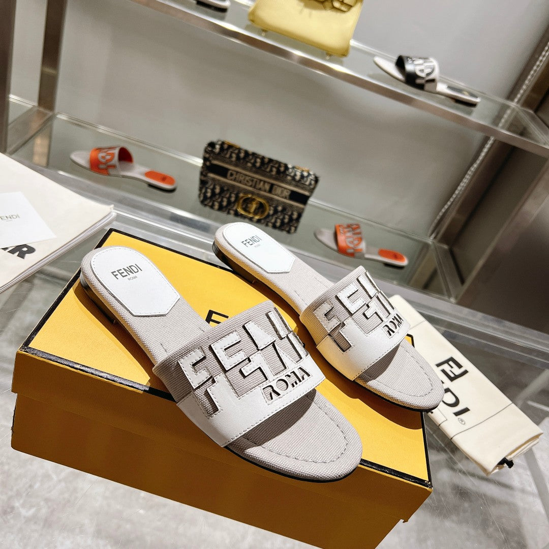 FENDI FF Women Roma Signature White Grey Canvas Leather Slide