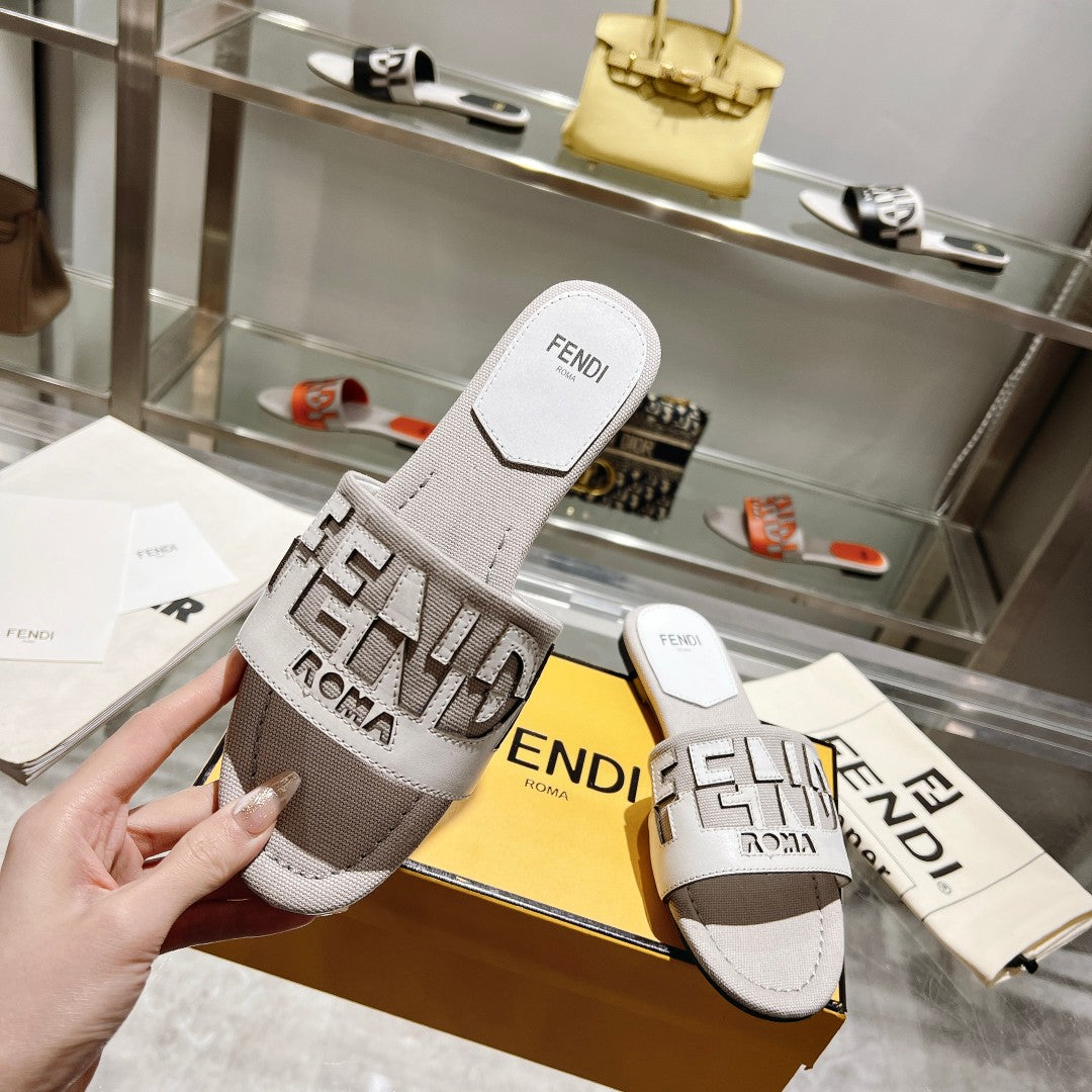 FENDI FF Women Roma Signature White Grey Canvas Leather Slide