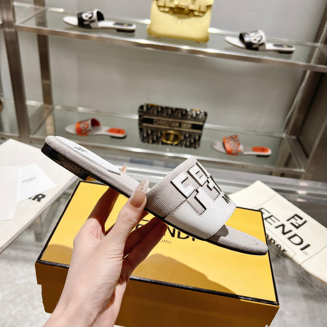 FENDI FF Women Roma Signature White Grey Canvas Leather Slide