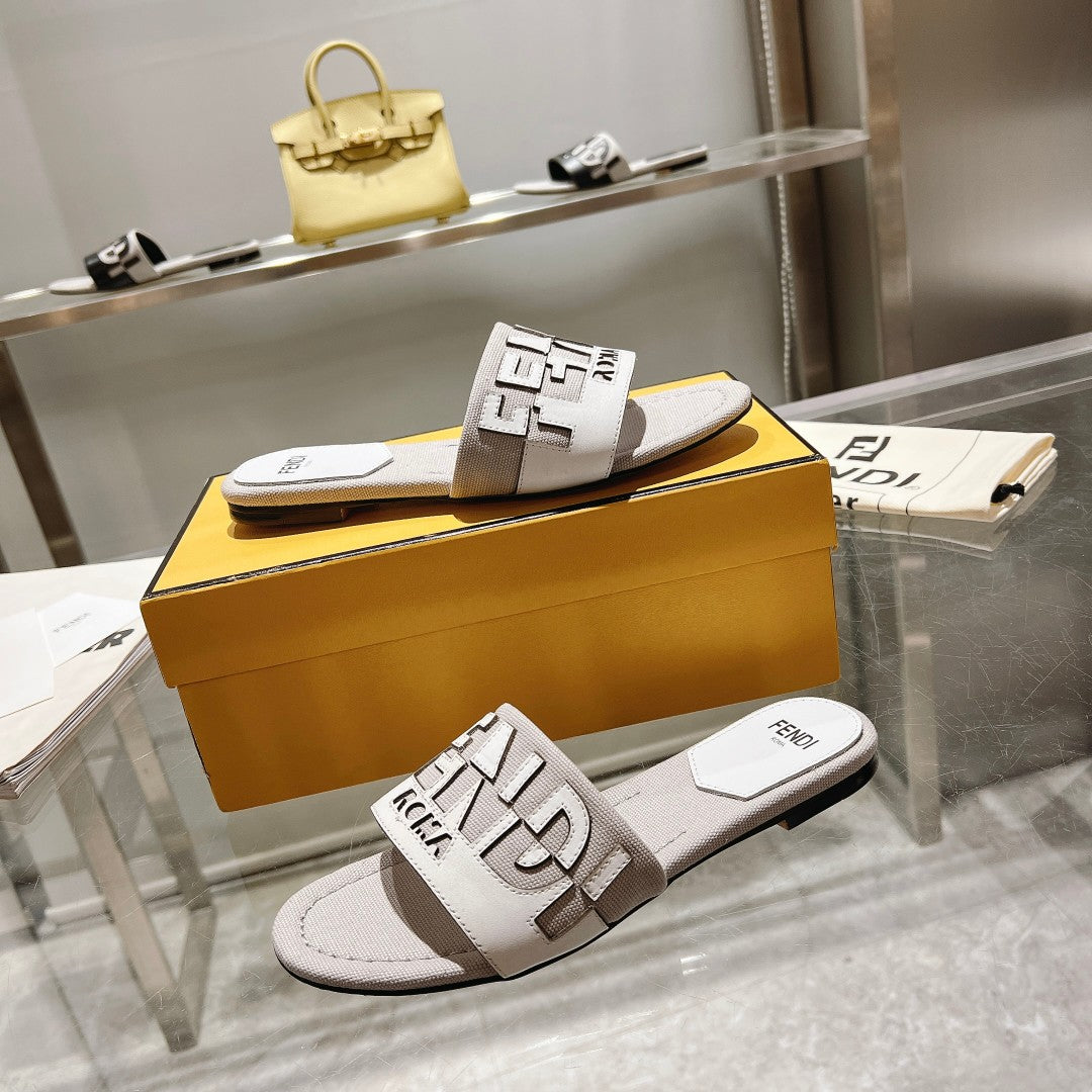 FENDI FF Women Roma Signature White Grey Canvas Leather Slide