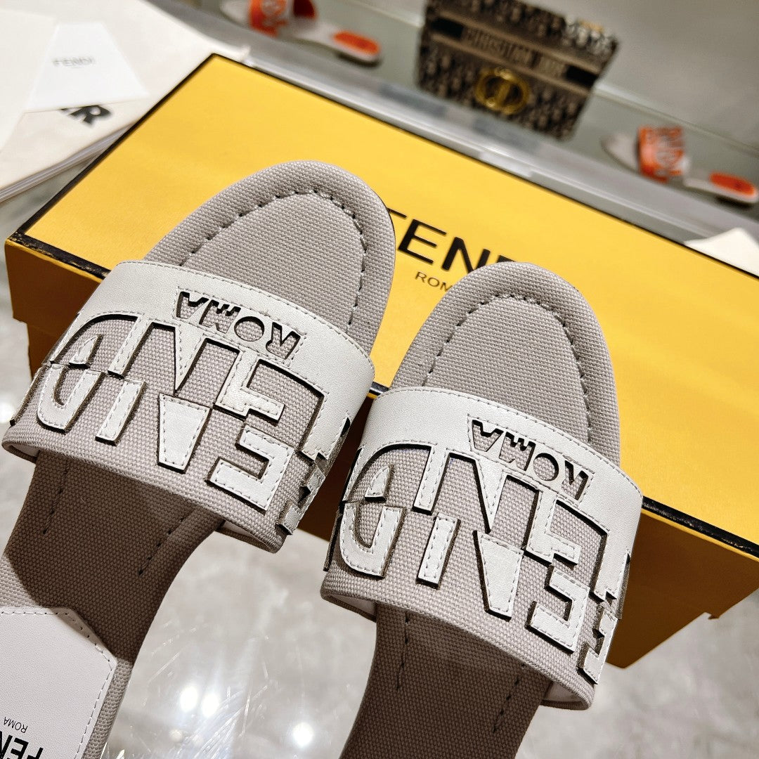FENDI FF Women Roma Signature White Grey Canvas Leather Slide