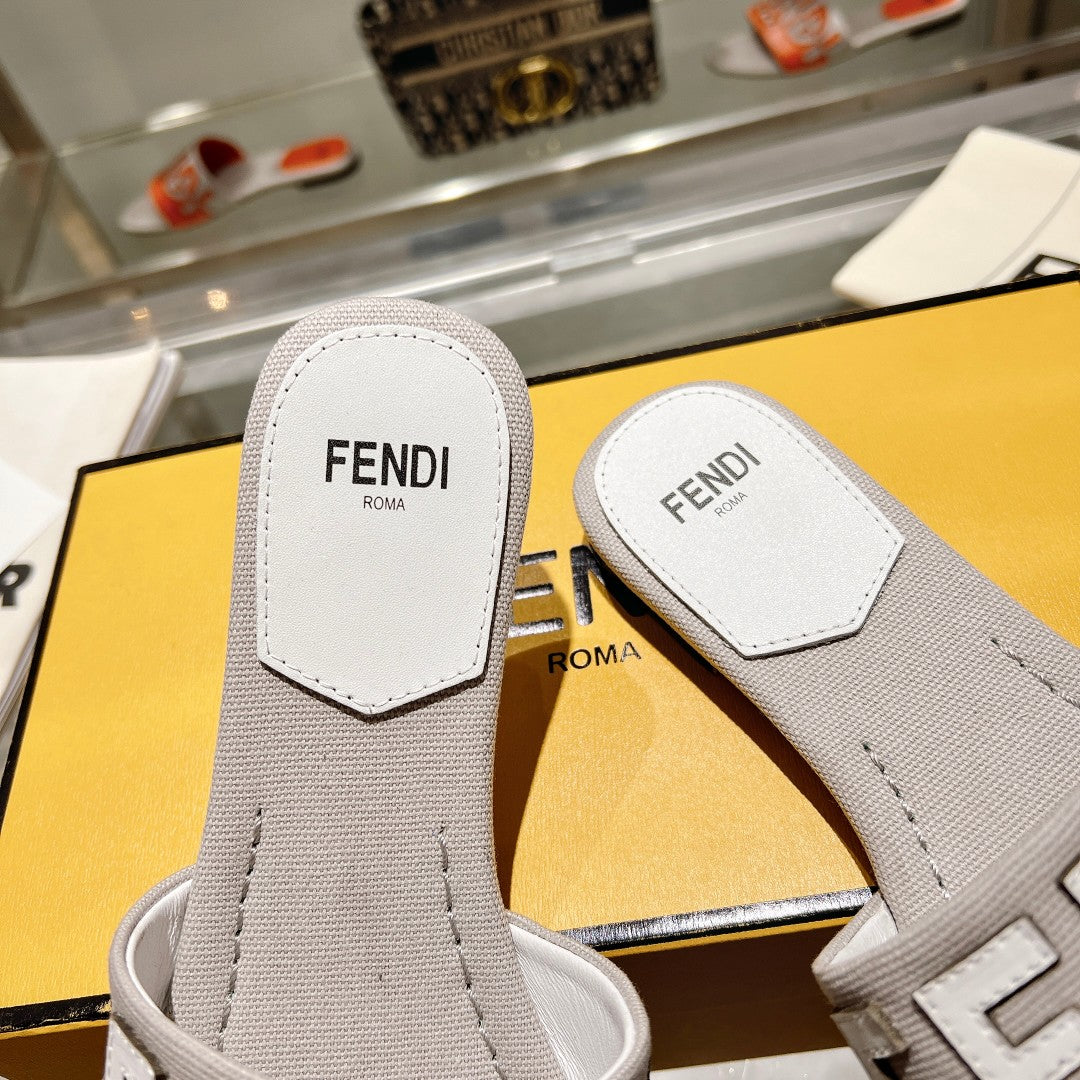 FENDI FF Women Roma Signature White Grey Canvas Leather Slide