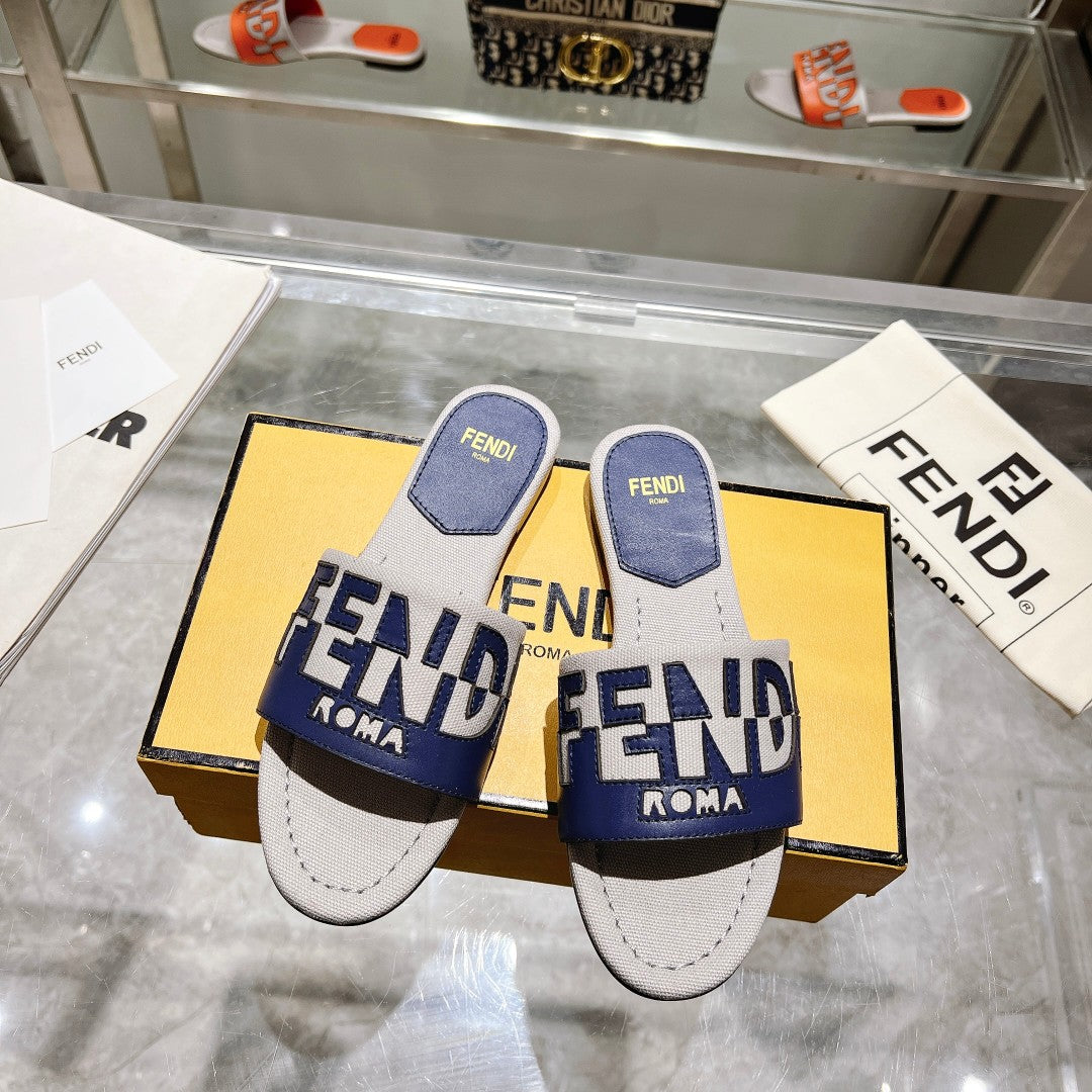 FENDI FF Women Roma Signature Blue Grey Canvas Leather Slide