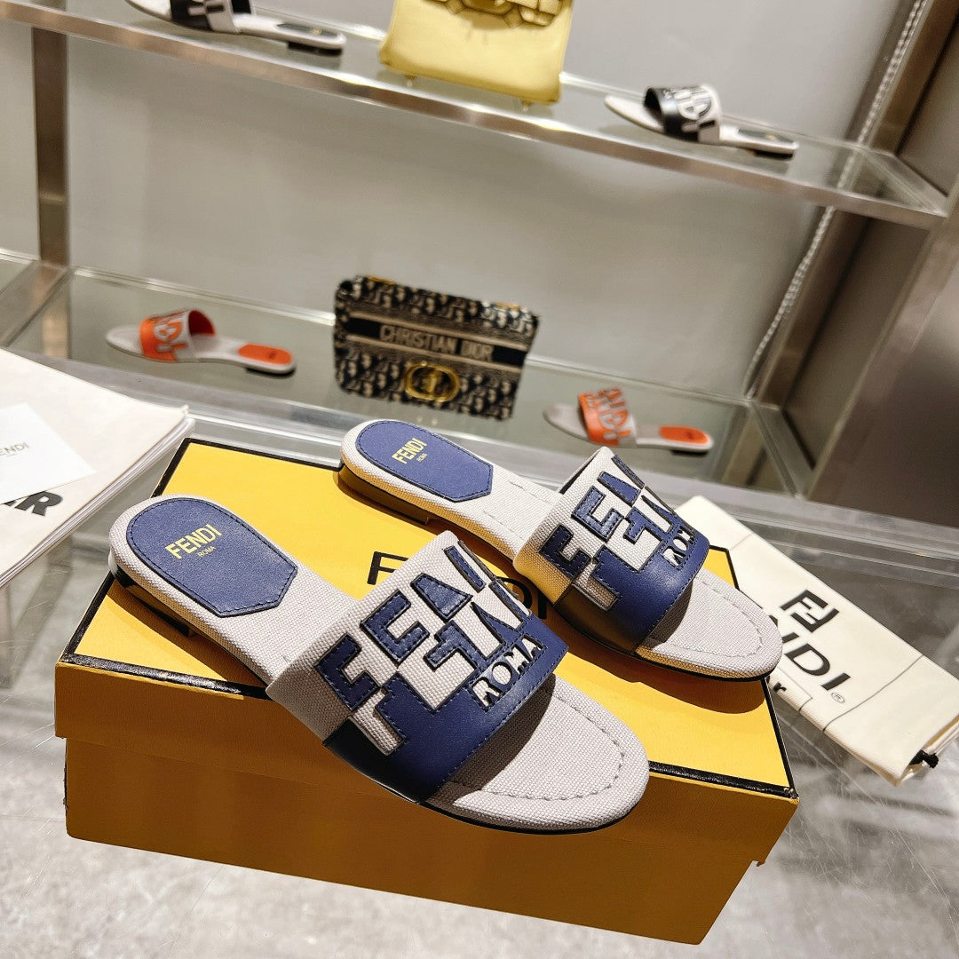 FENDI FF Women Roma Signature Blue Grey Canvas Leather Slide