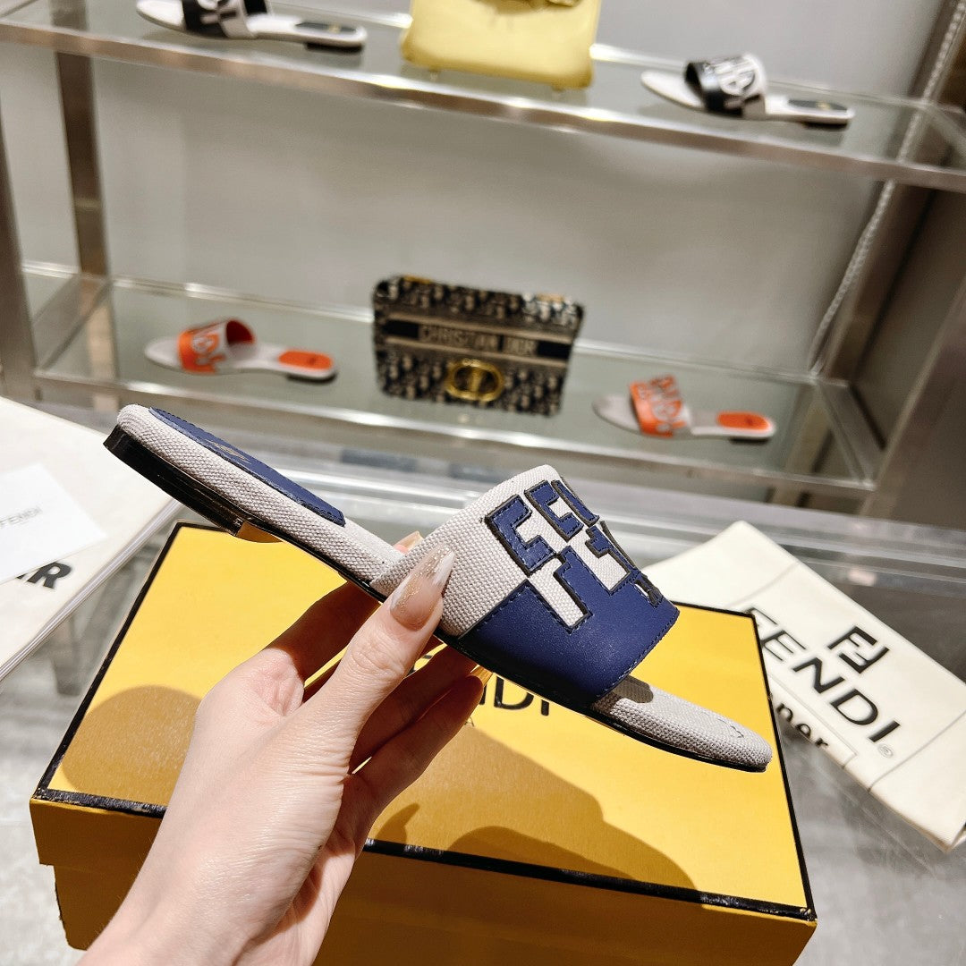 FENDI FF Women Roma Signature Blue Grey Canvas Leather Slide