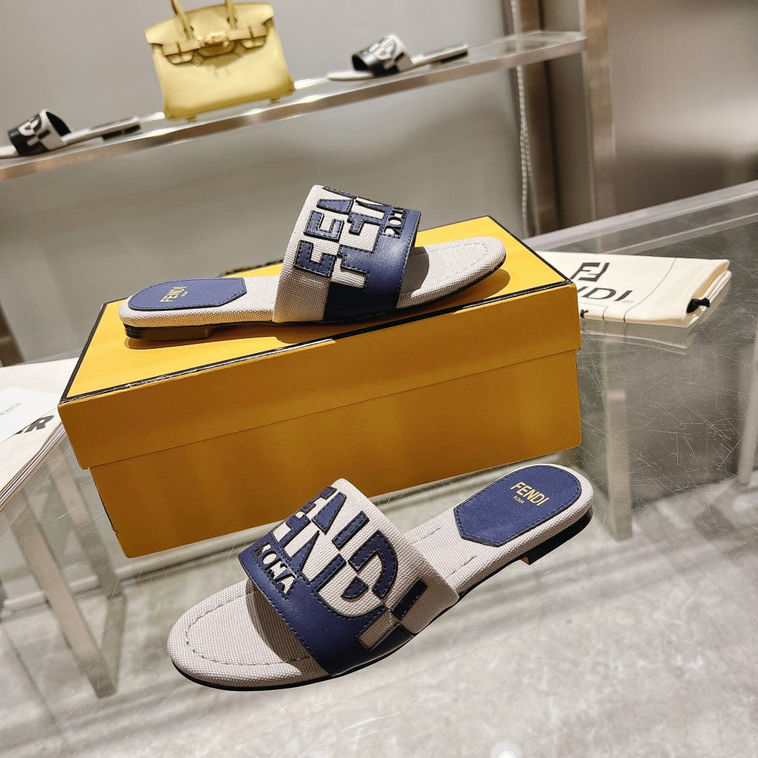 FENDI FF Women Roma Signature Blue Grey Canvas Leather Slide