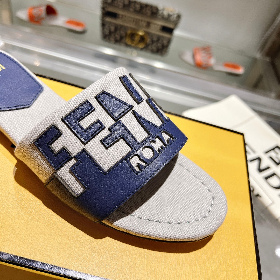 FENDI FF Women Roma Signature Blue Grey Canvas Leather Slide