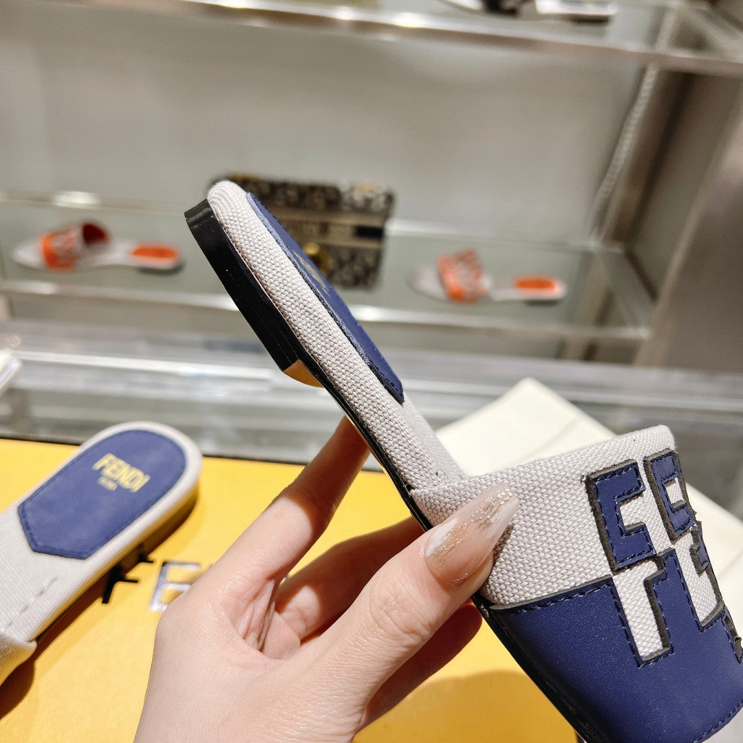 FENDI FF Women Roma Signature Blue Grey Canvas Leather Slide
