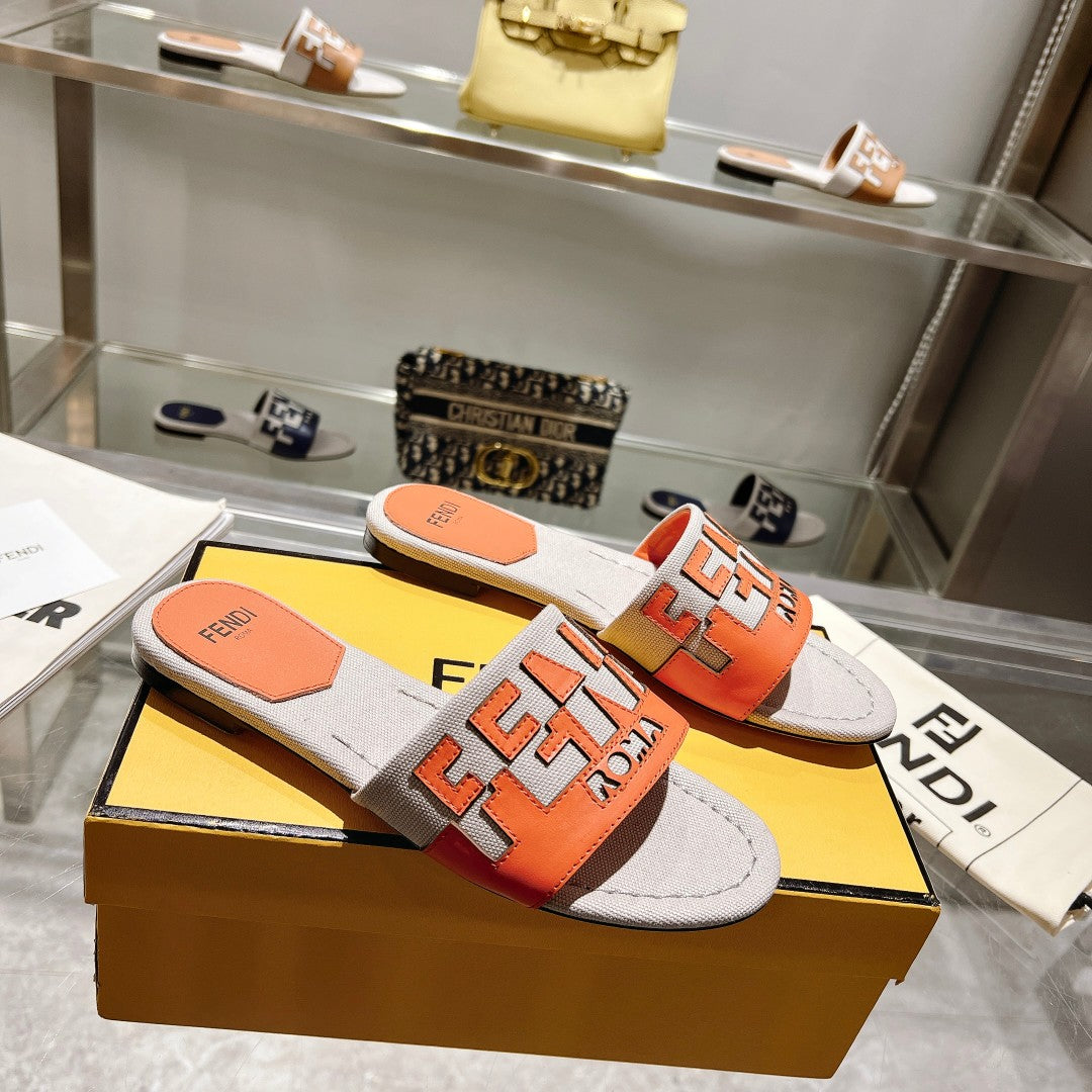 FENDI FF Women Roma Signature Orange Grey Canvas Leather Slide