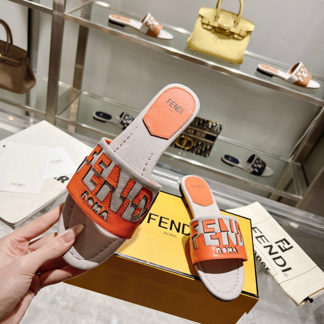 FENDI FF Women Roma Signature Orange Grey Canvas Leather Slide