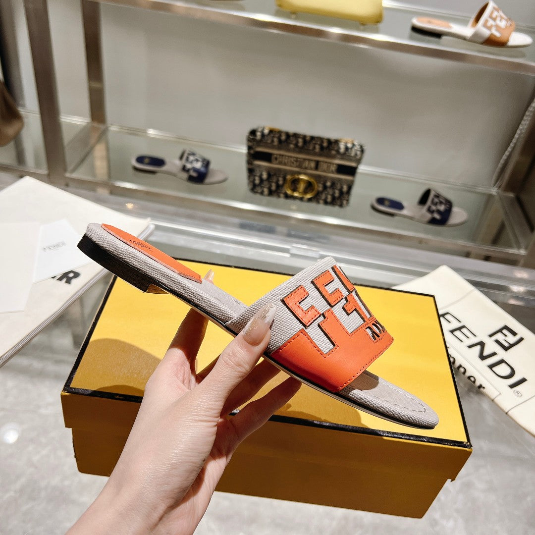 FENDI FF Women Roma Signature Orange Grey Canvas Leather Slide