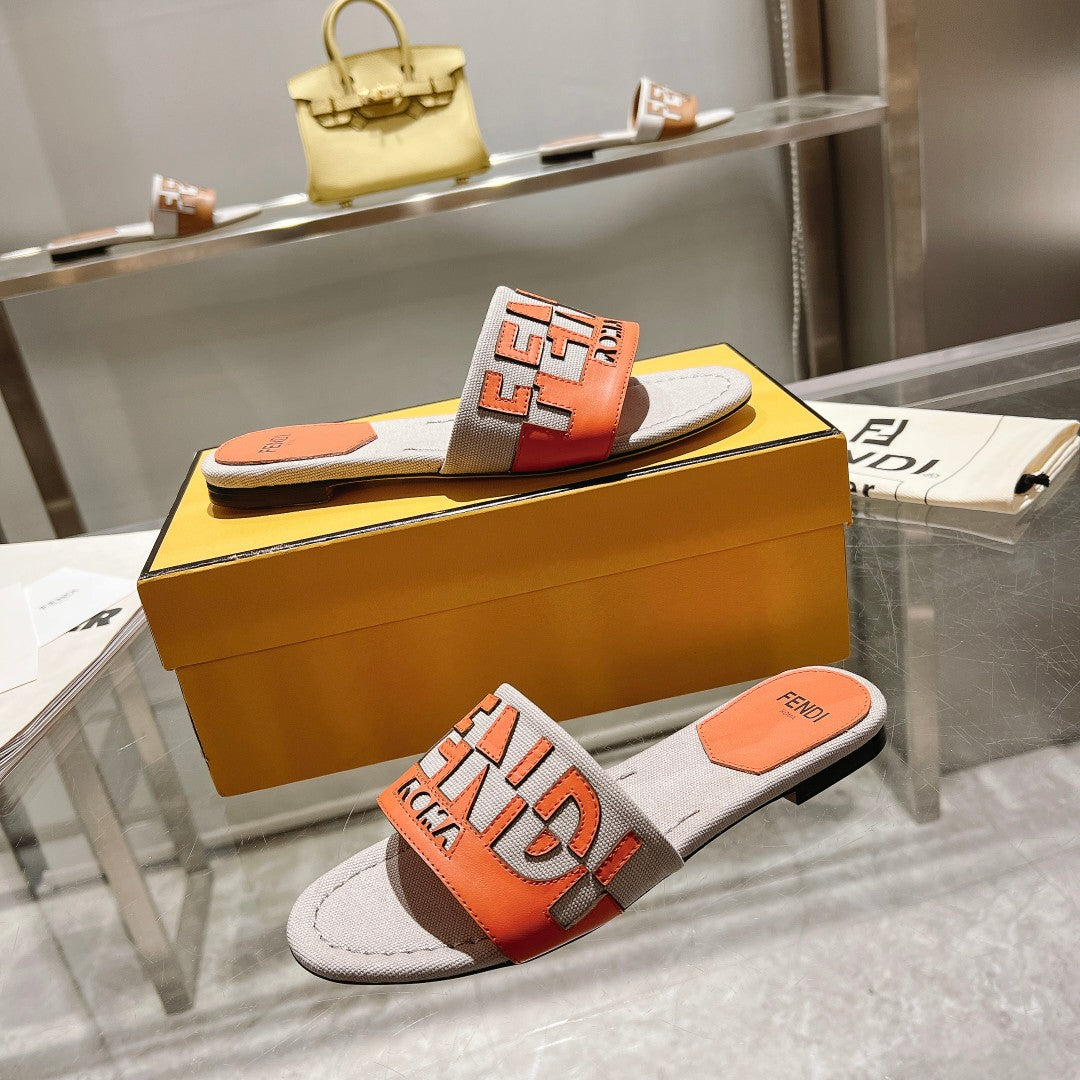 FENDI FF Women Roma Signature Orange Grey Canvas Leather Slide