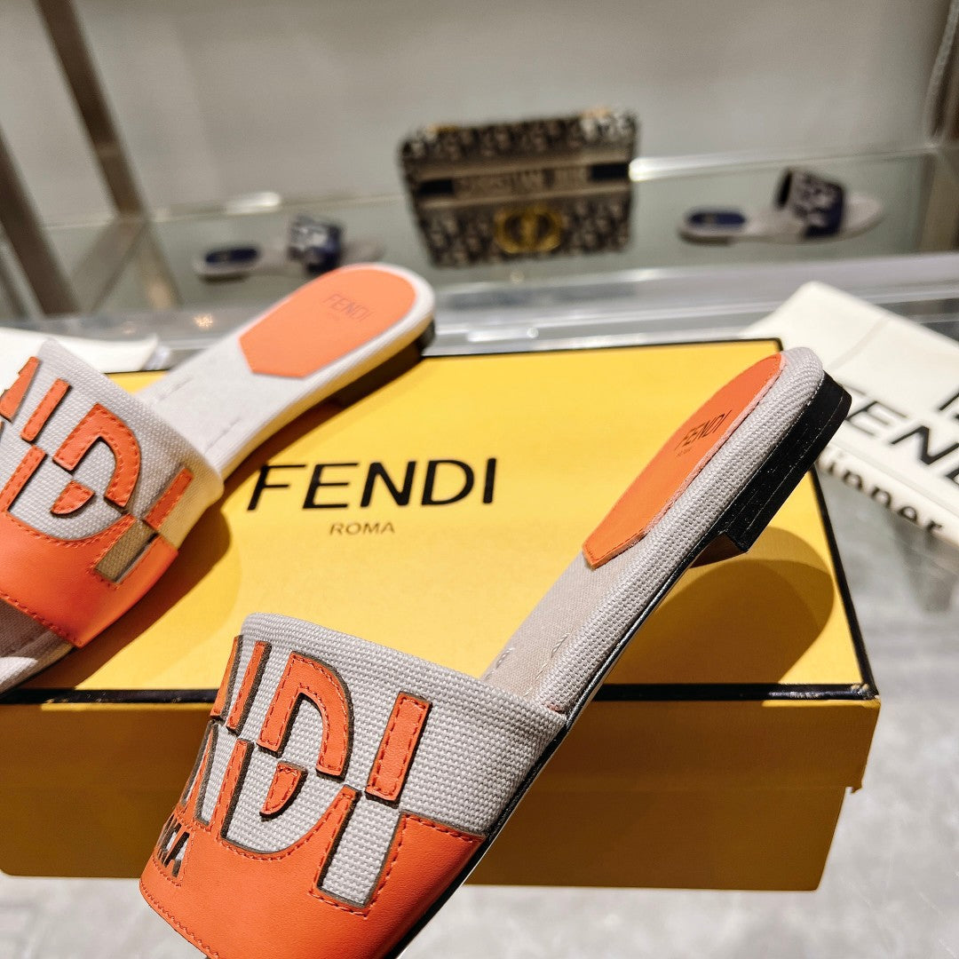 FENDI FF Women Roma Signature Orange Grey Canvas Leather Slide