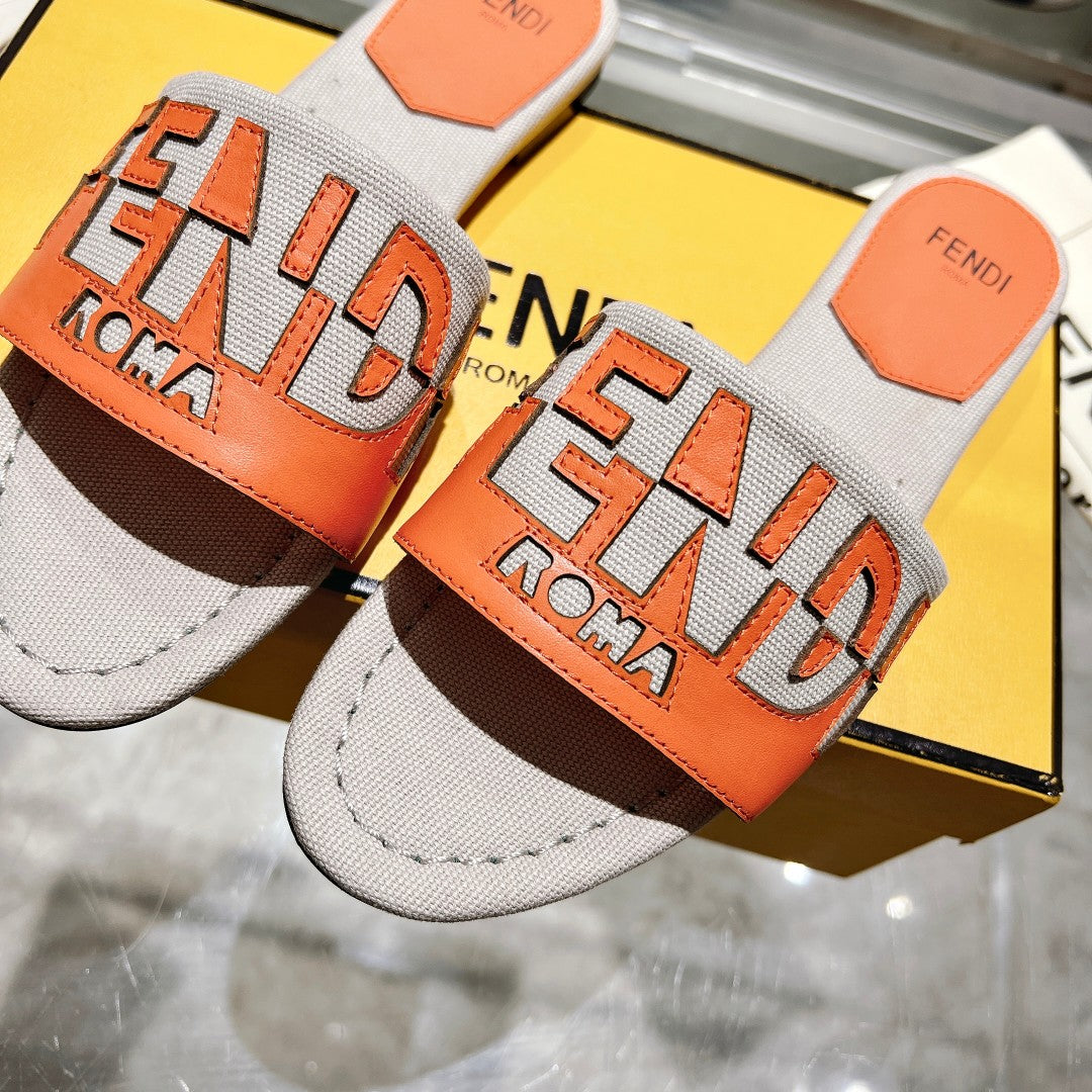 FENDI FF Women Roma Signature Orange Grey Canvas Leather Slide