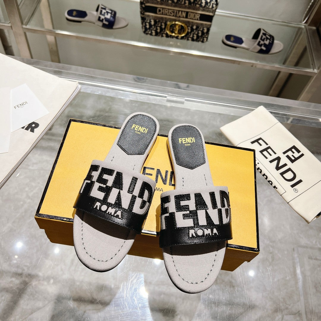 FENDI FF Women Roma Signature Black Grey Canvas Leather Slide