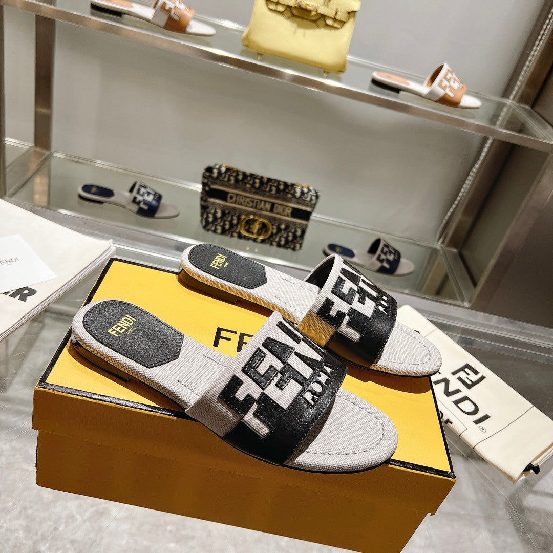 FENDI FF Women Roma Signature Black Grey Canvas Leather Slide