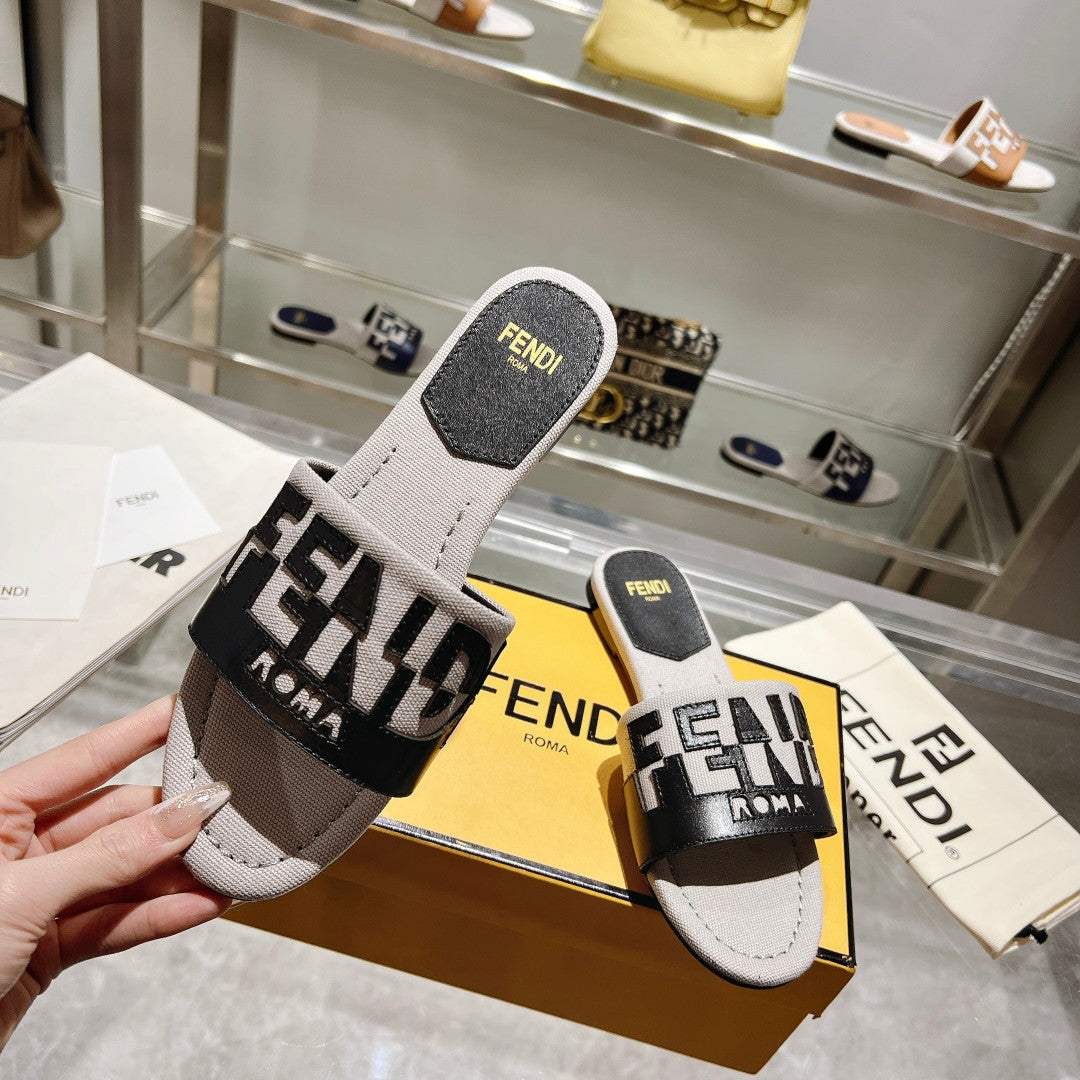 FENDI FF Women Roma Signature Black Grey Canvas Leather Slide