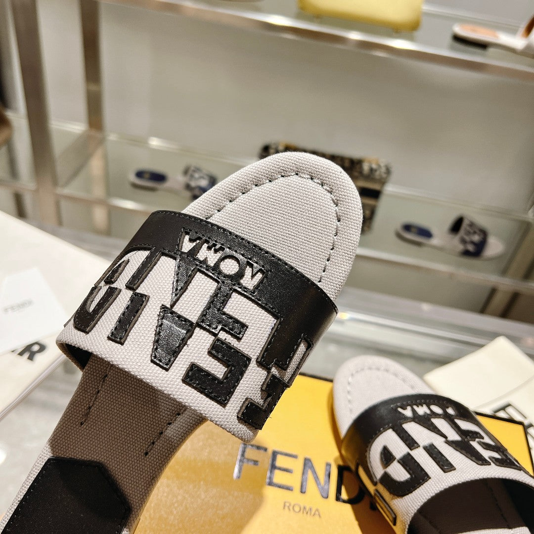 FENDI FF Women Roma Signature Black Grey Canvas Leather Slide