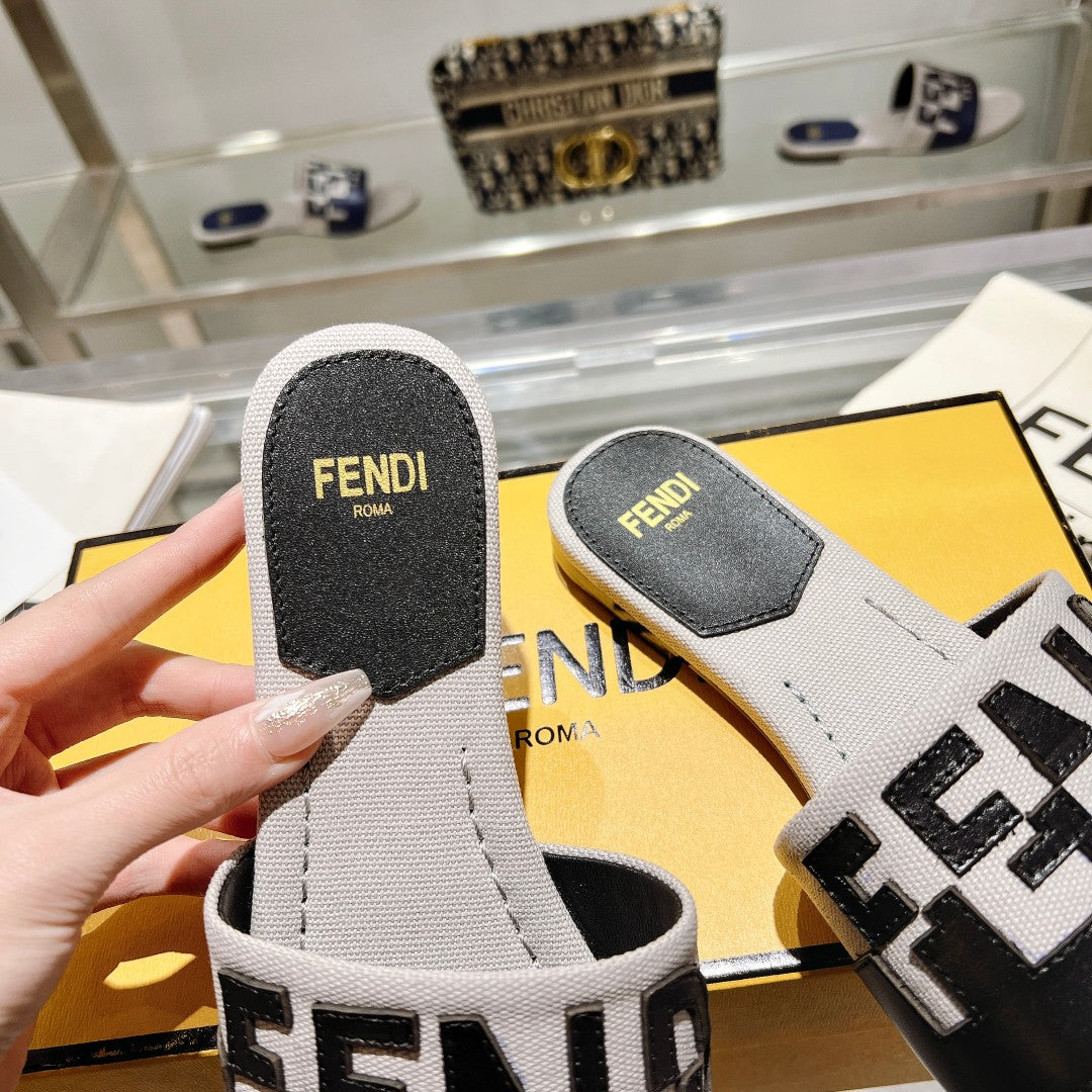 FENDI FF Women Roma Signature Black Grey Canvas Leather Slide