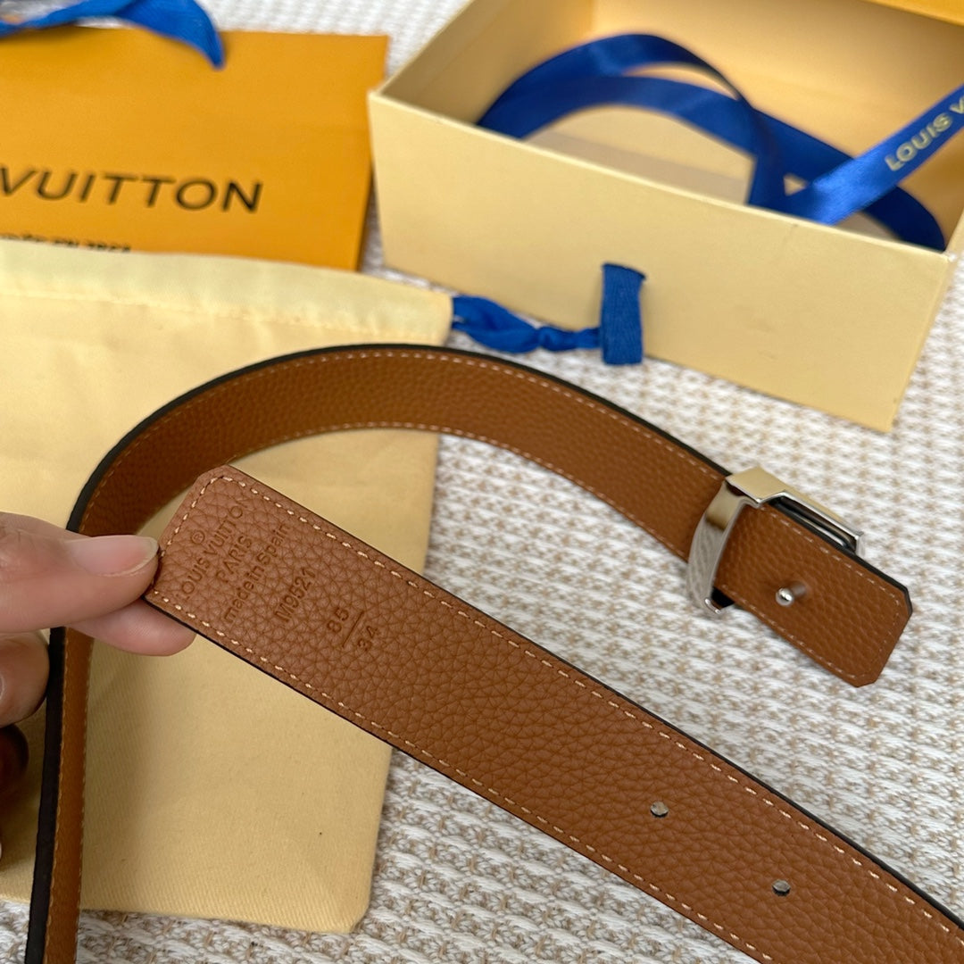 Louis Vuitton Initiales 30mm Reversible Belt Silver Buckle Tan Black Leather