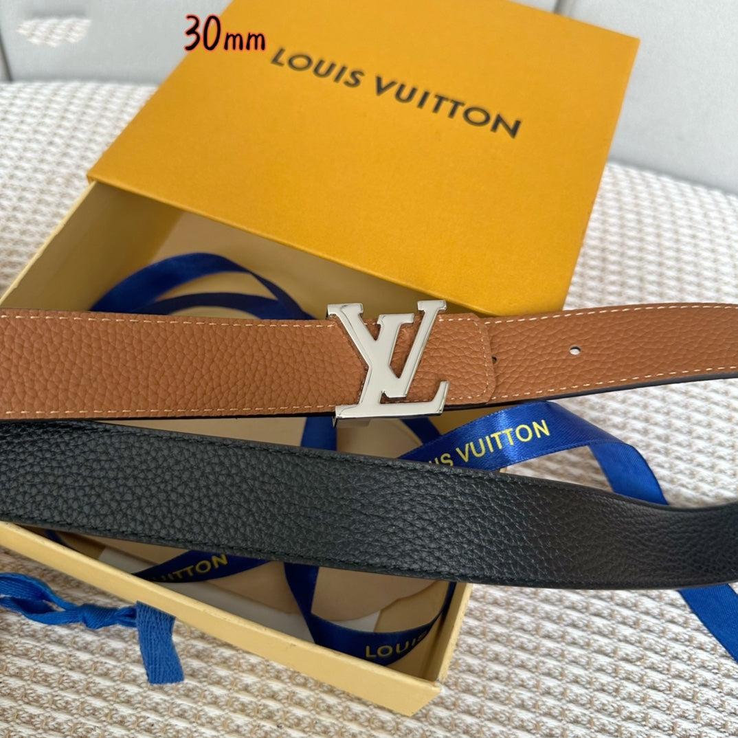 Louis Vuitton Initiales 30mm Reversible Belt Silver Buckle Tan Black Leather