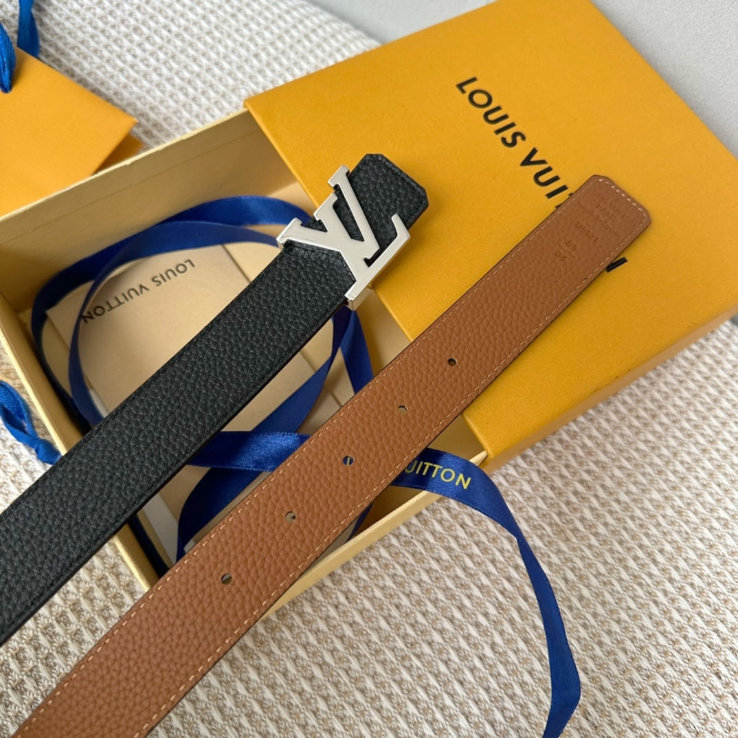 Louis Vuitton Initiales 30mm Reversible Belt Silver Buckle Tan Black Leather