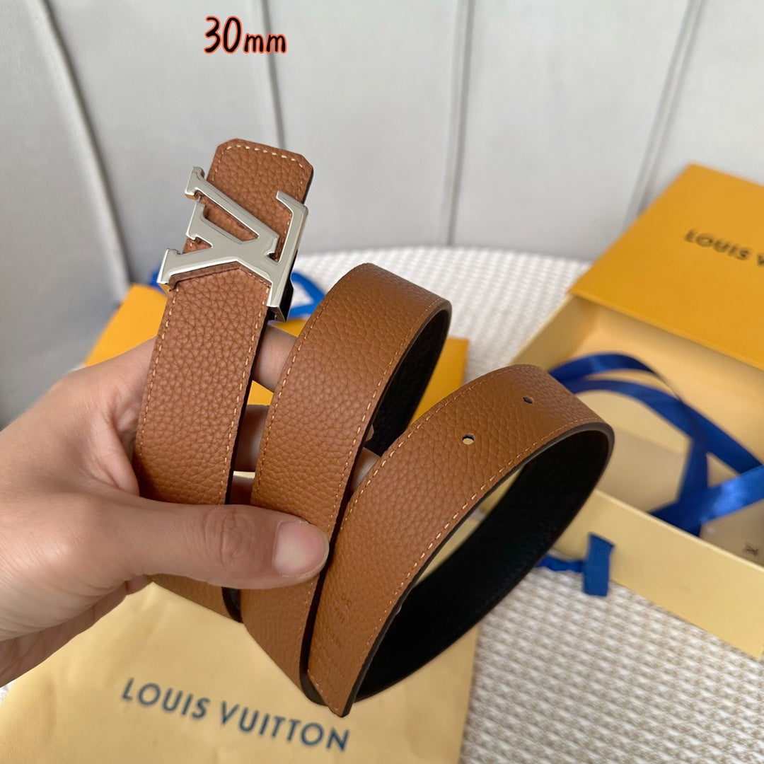 Louis Vuitton Initiales 30mm Reversible Belt Silver Buckle Tan Black Leather