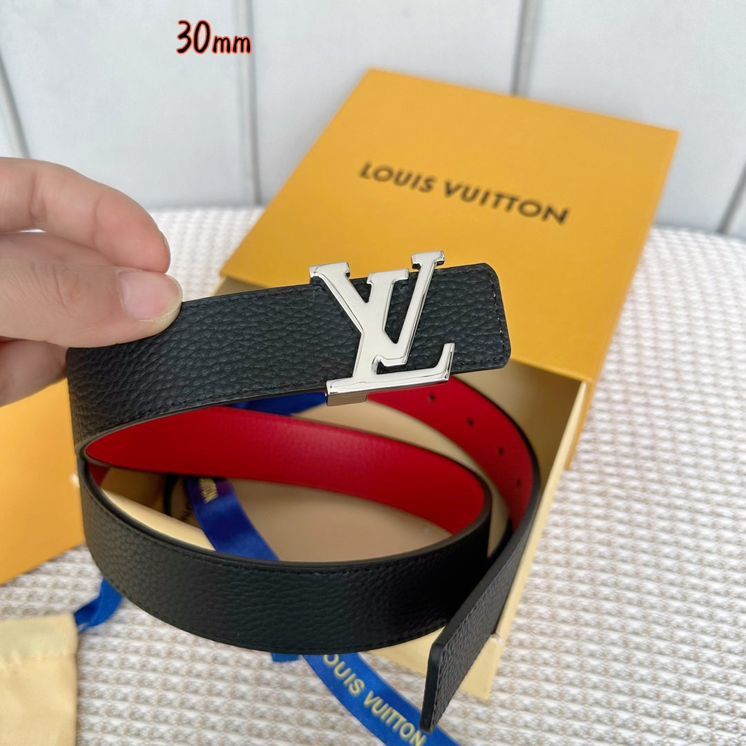 Louis Vuitton Initiales 30mm Reversible Belt Silver Buckle Red Black Leather