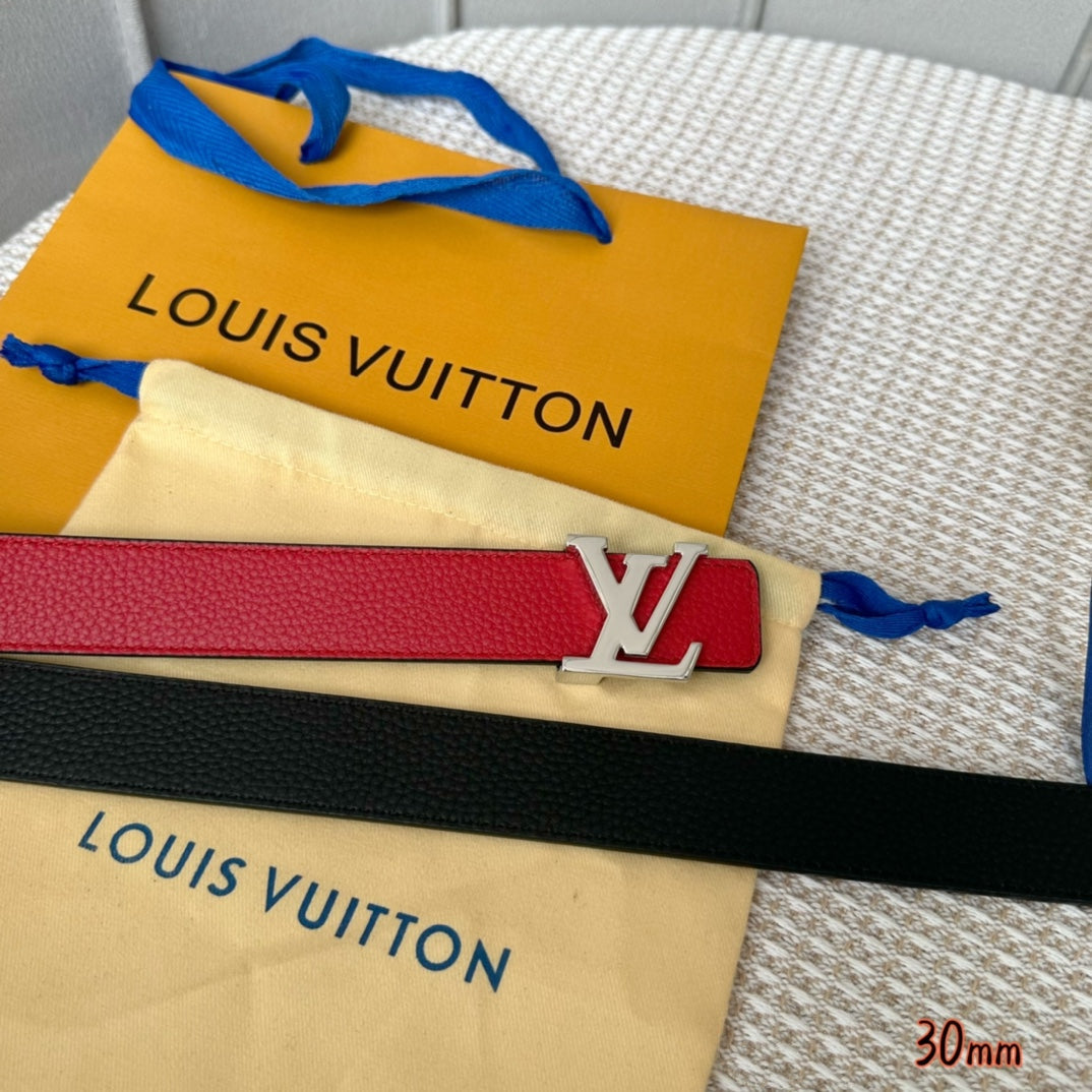 Louis Vuitton Initiales 30mm Reversible Belt Silver Buckle Red Black Leather