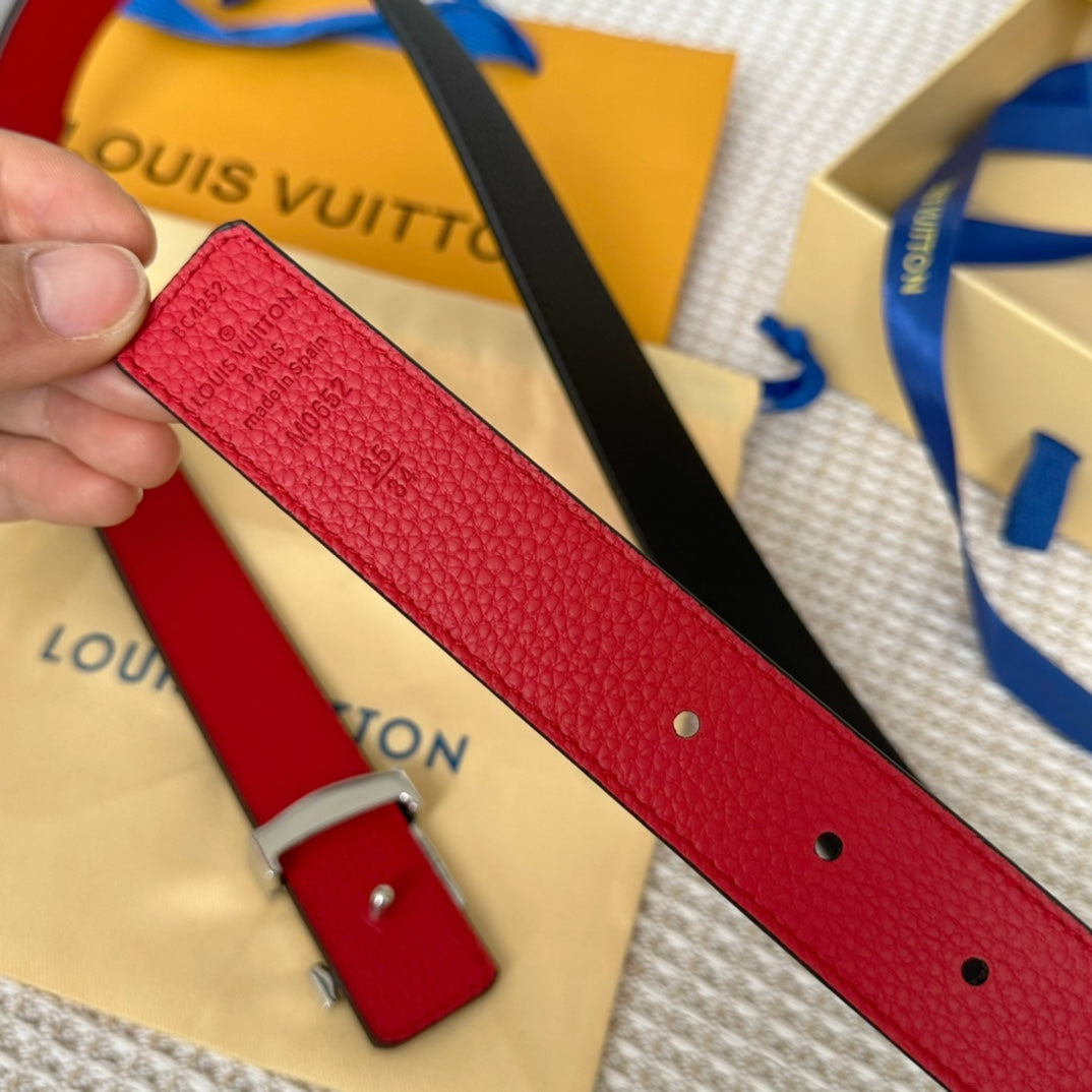 Louis Vuitton Initiales 30mm Reversible Belt Silver Buckle Red Black Leather