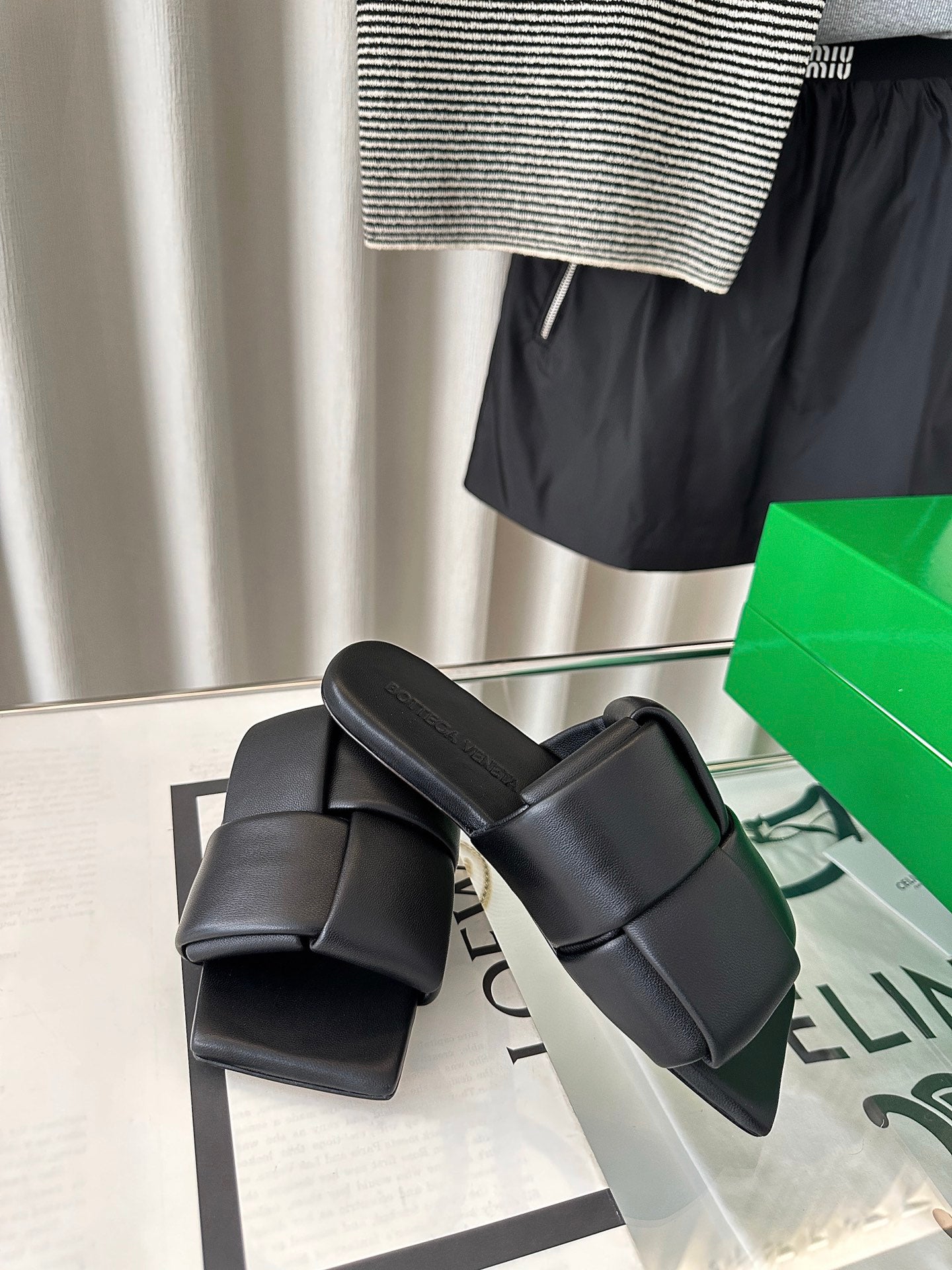 Bottega Veneta patch mule flat black lambskin