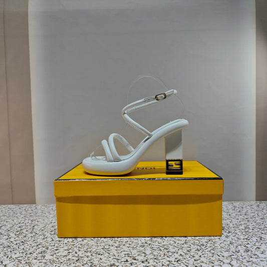 FENDI FENDI CHUNKY HIGH-HEELED SANDAL IN WHITE CALFKIN WITH GOLD HARDWARE