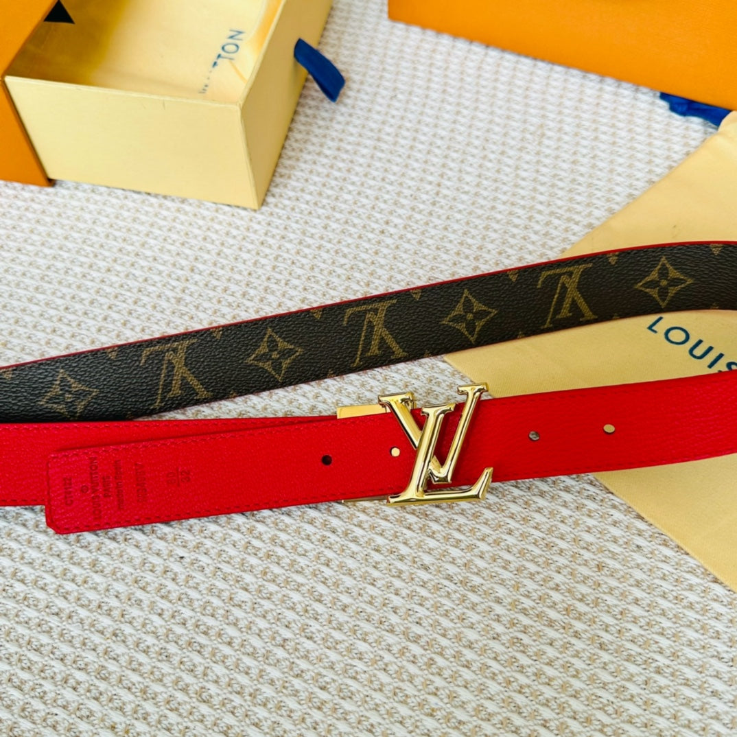 Louis Vuitton Initiales 30mm Reversible Belt Gold Rotating Buckle Red Brown Leather