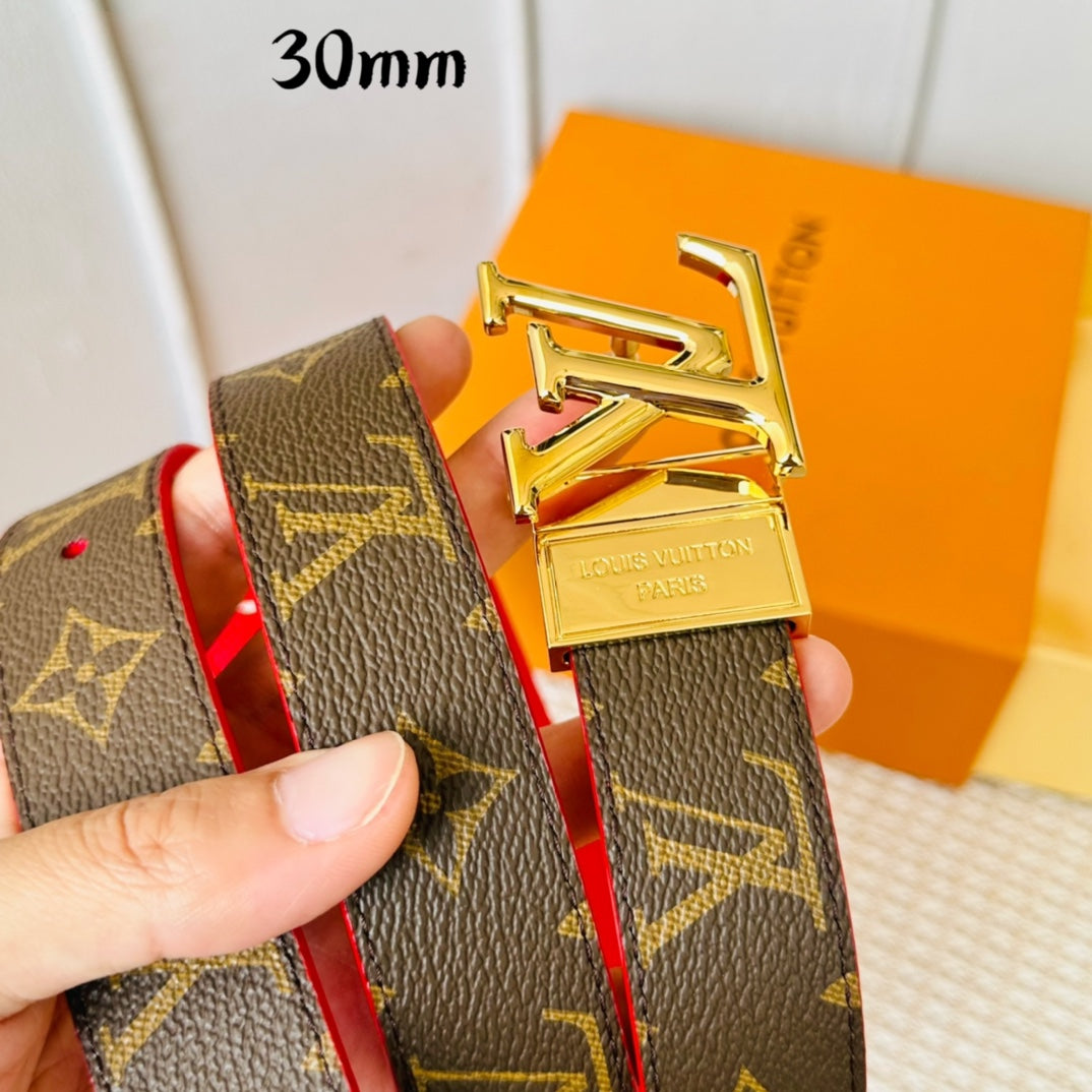 Louis Vuitton Initiales 30mm Reversible Belt Gold Rotating Buckle Red Brown Leather