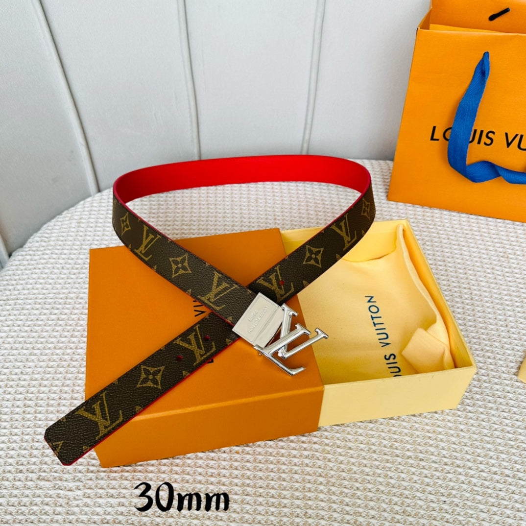 Louis Vuitton Initiales 30mm Reversible Belt Silver Rotating Buckle Red Brown Leather