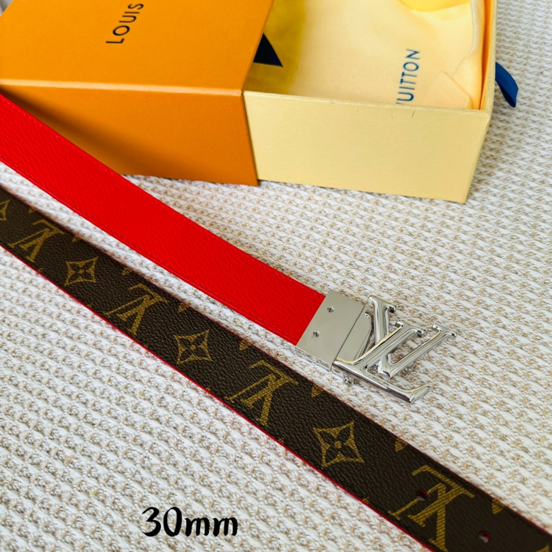 Louis Vuitton Initiales 30mm Reversible Belt Silver Rotating Buckle Red Brown Leather