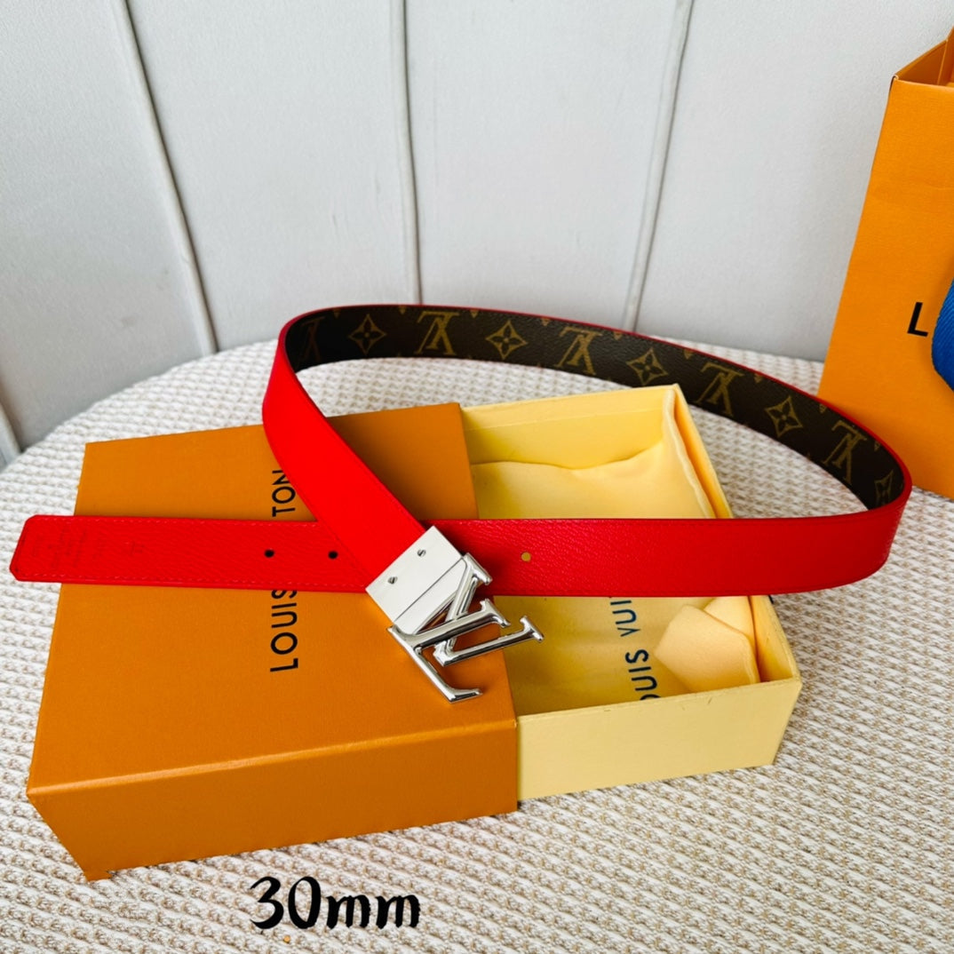 Louis Vuitton Initiales 30mm Reversible Belt Silver Rotating Buckle Red Brown Leather