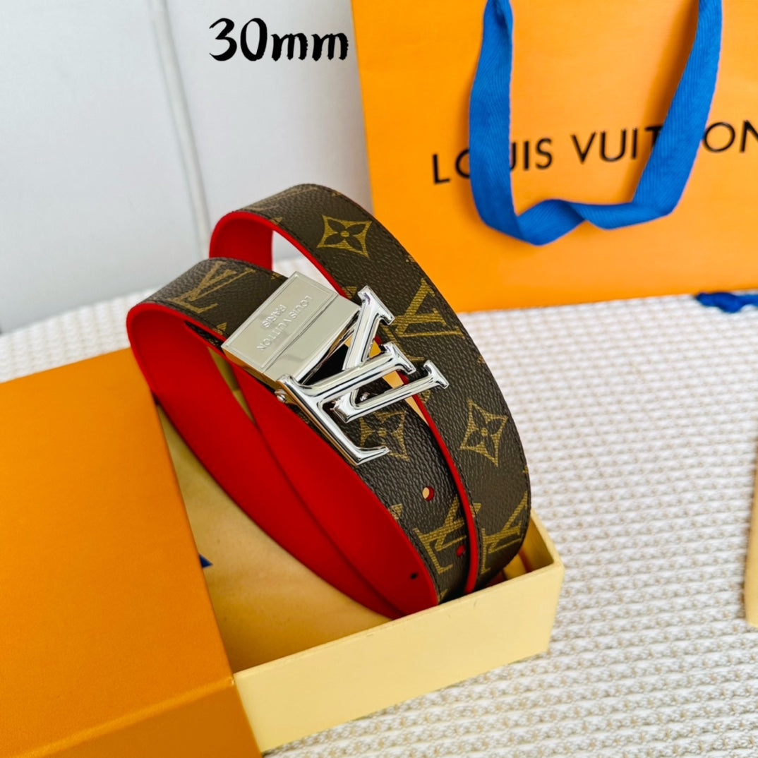 Louis Vuitton Initiales 30mm Reversible Belt Silver Rotating Buckle Red Brown Leather