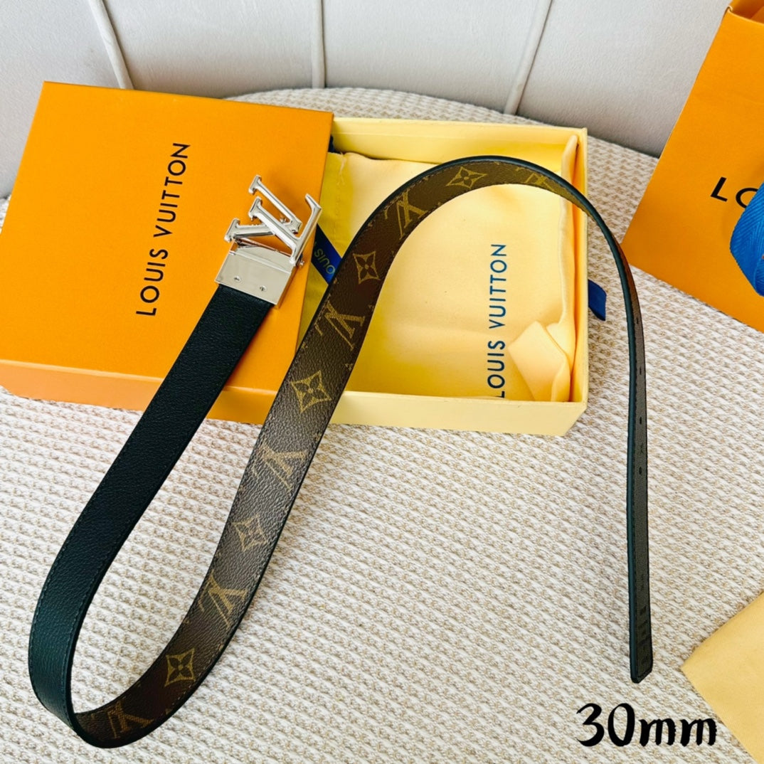 Louis Vuitton Initiales 30mm Reversible Belt Silver Rotating Buckle Black Brown Leather