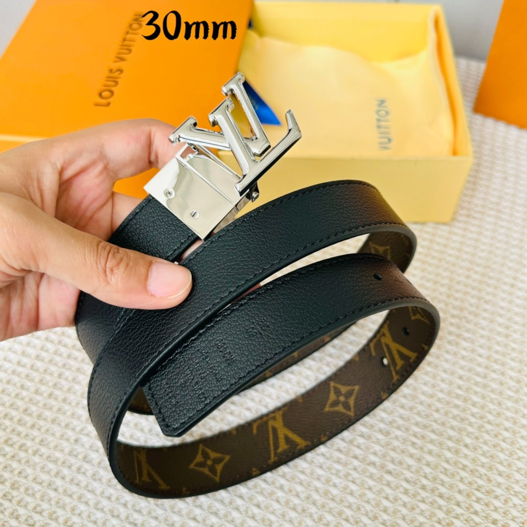 Louis Vuitton Initiales 30mm Reversible Belt Silver Rotating Buckle Black Brown Leather