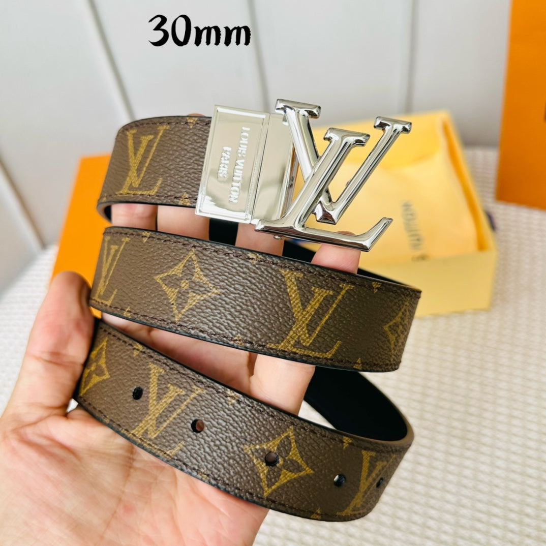 Louis Vuitton Initiales 30mm Reversible Belt Silver Rotating Buckle Black Brown Leather