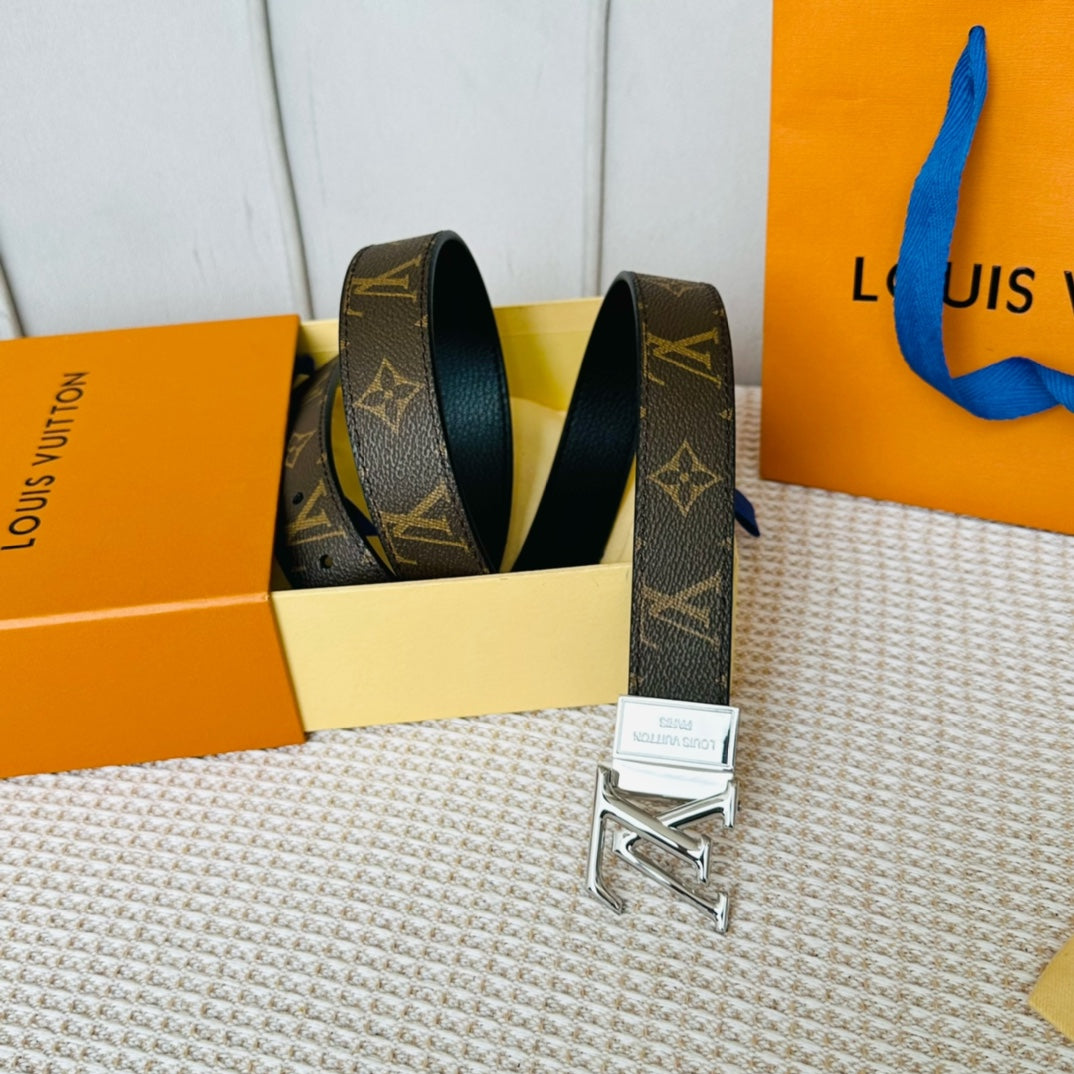 Louis Vuitton Initiales 30mm Reversible Belt Silver Rotating Buckle Black Brown Leather
