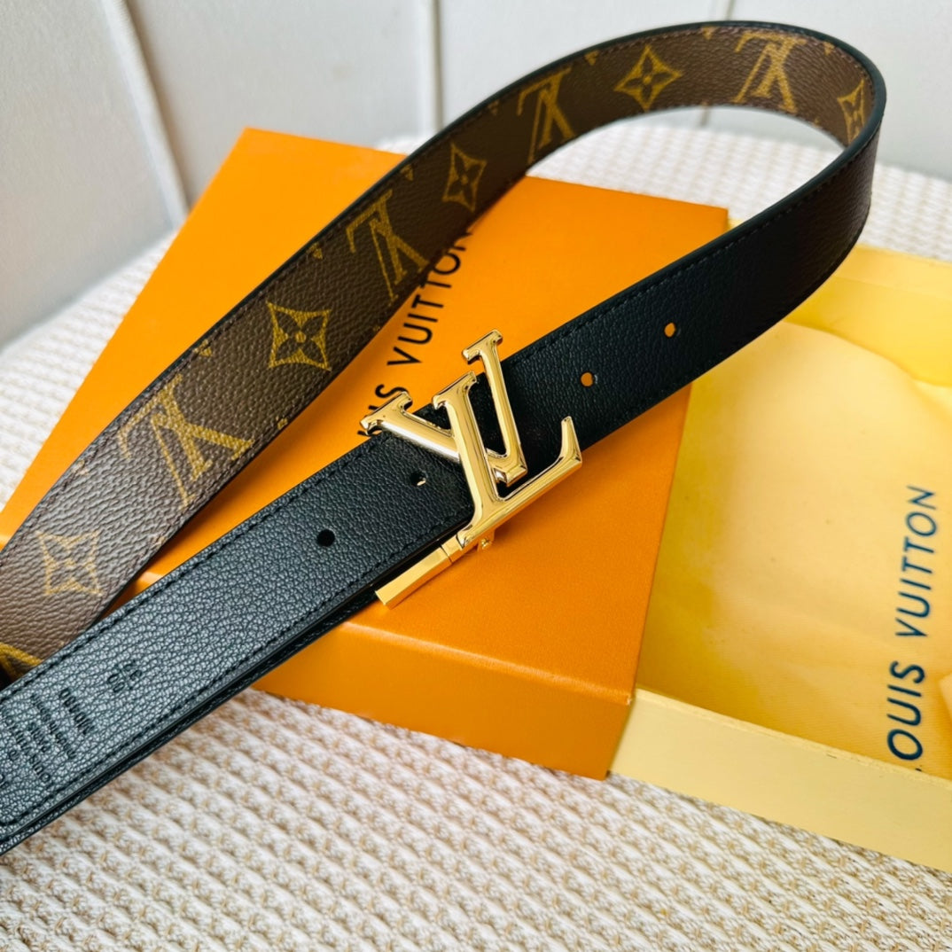 Louis Vuitton Initiales 30mm Reversible Belt Gold Rotating Buckle Black Brown Leather