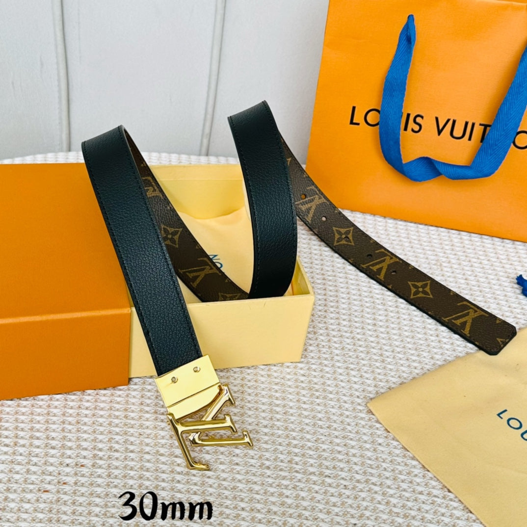 Louis Vuitton Initiales 30mm Reversible Belt Gold Rotating Buckle Black Brown Leather