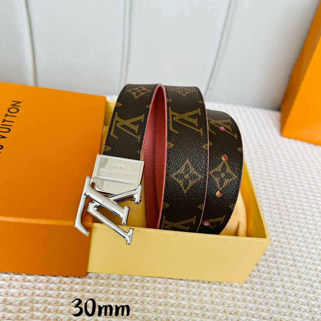 Louis Vuitton Initiales 30mm Reversible Belt Silver Rotating Buckle Pink Brown Leather